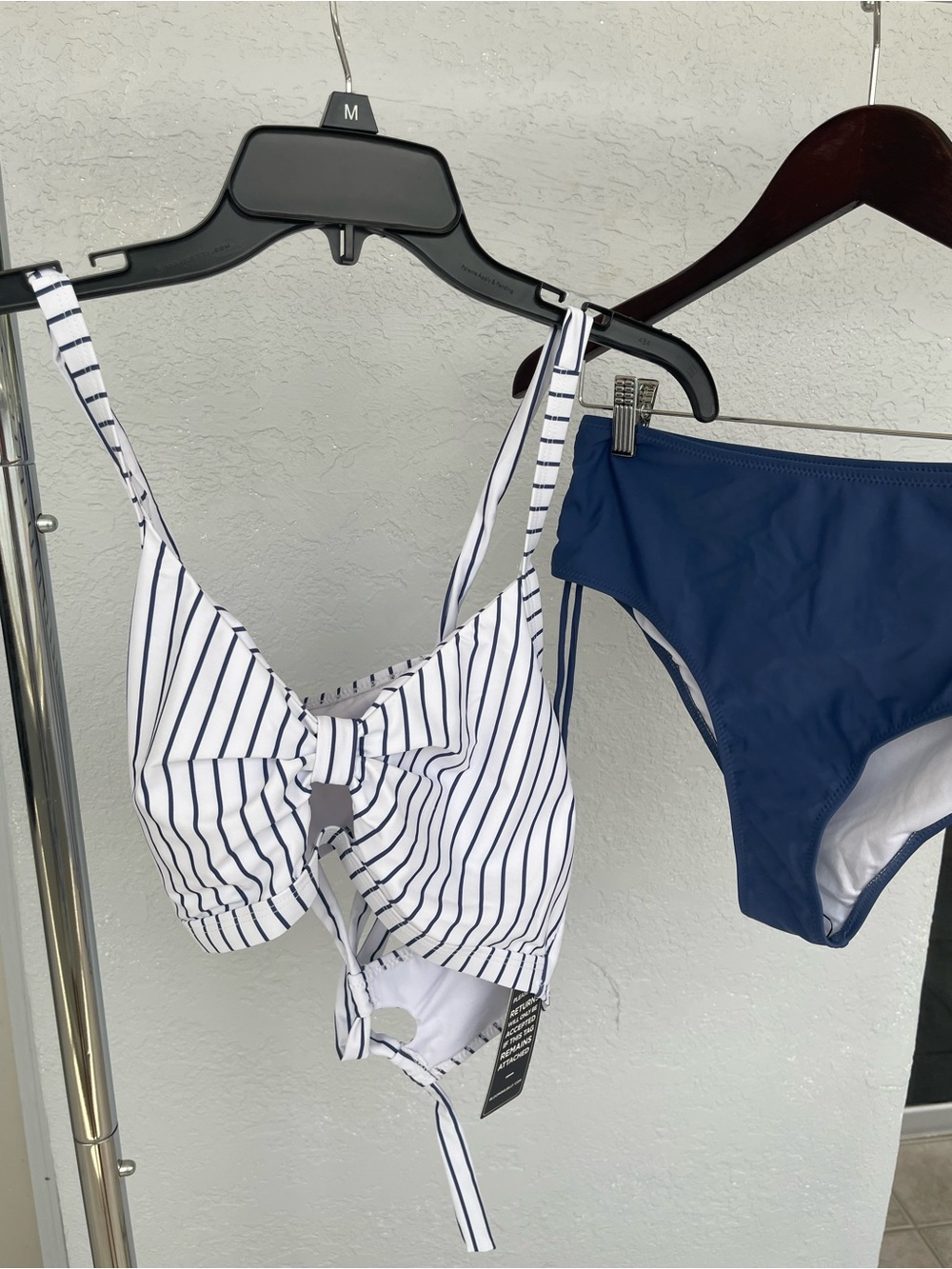 Striped White & Navy Tie-Front Bikini Top and Navy Bottoms - Women Swim